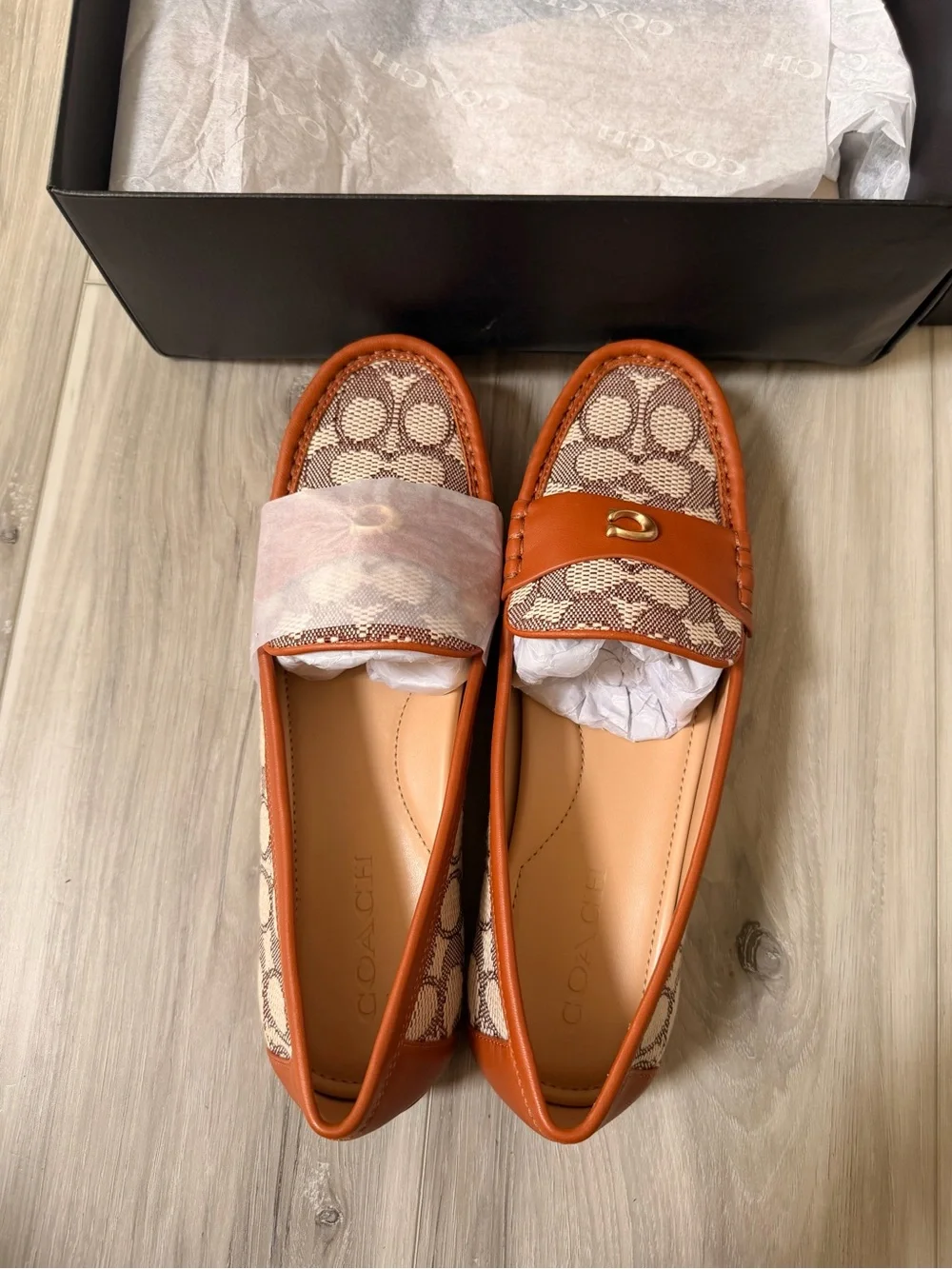 Coach Signature Jacquard Driver Loafers Cocoa Burnished Amber NWB Women’s 9.5